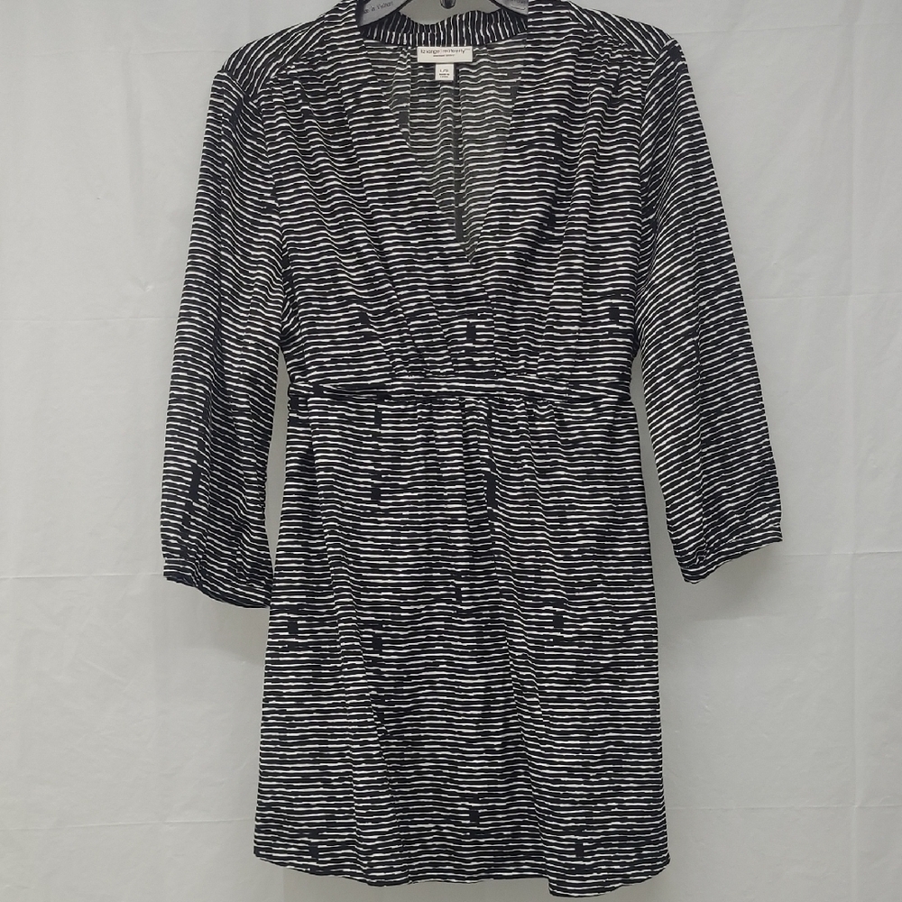 Liz Lange Maternity Tunic Top Large Black White Striped V Neck Belted Empire Wst